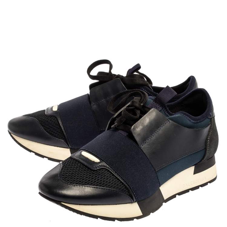 Pre Owned Balenciaga Blue/Black Leather And Mesh Race Runners Sneakers Size 37
