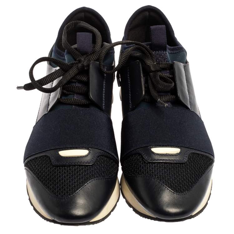 Pre Owned Balenciaga Blue/Black Leather And Mesh Race Runners Sneakers Size 37