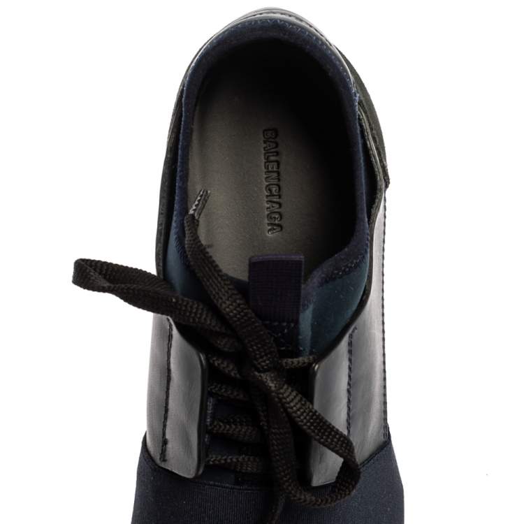 Pre Owned Balenciaga Blue/Black Leather And Mesh Race Runners Sneakers Size 37