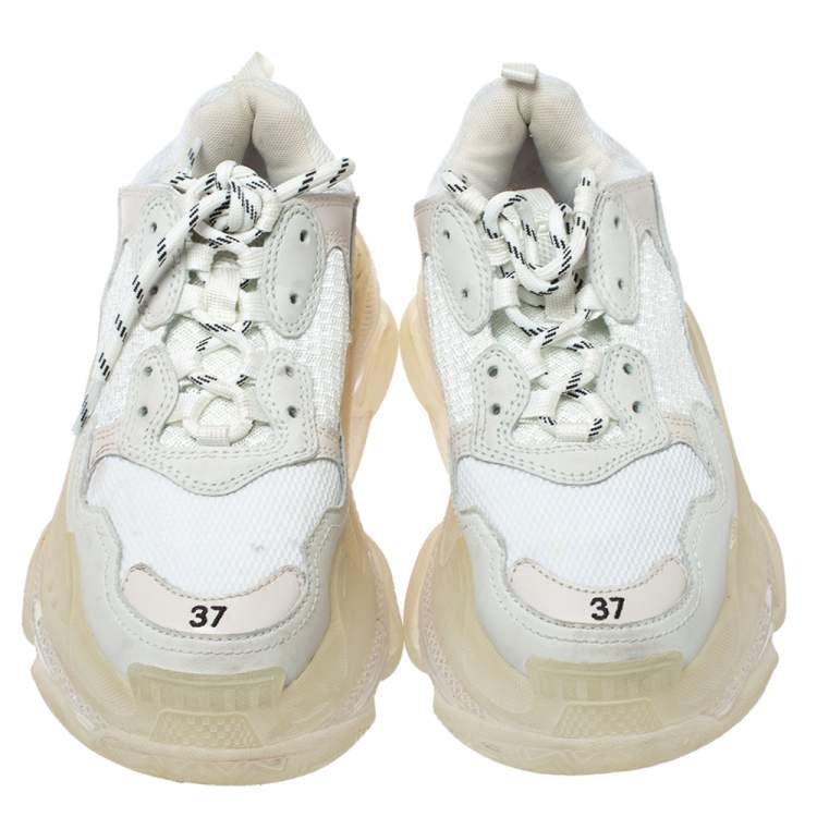 Pre Owned Balenciaga White Mesh And Leather Triple S Platform Sneakers Size 37