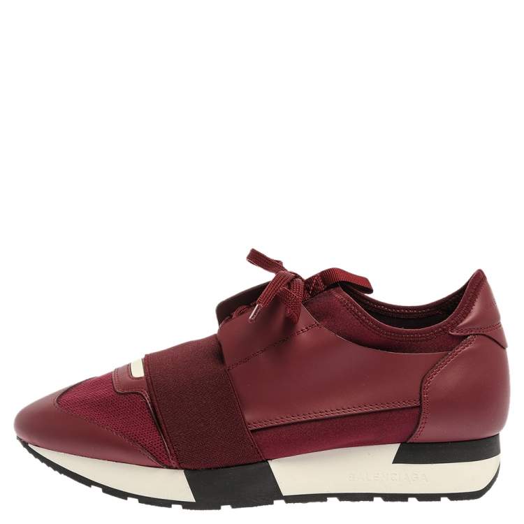 Pre Owned Balenciaga Burgundy Leather And Mesh Race Runners Sneakers Size 37