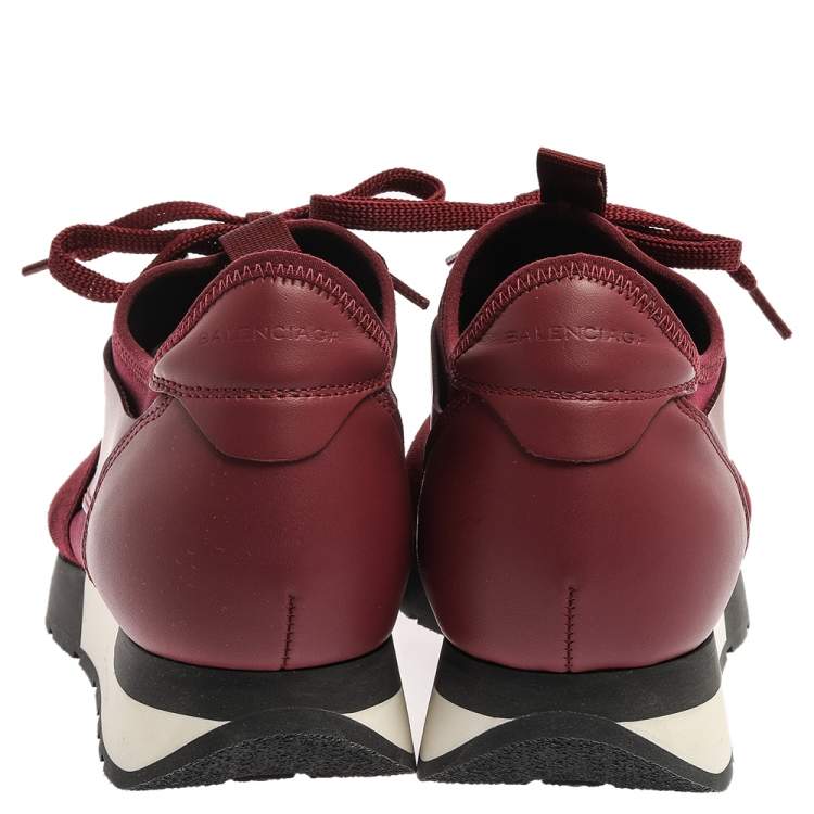 Pre Owned Balenciaga Burgundy Leather And Mesh Race Runners Sneakers Size 37