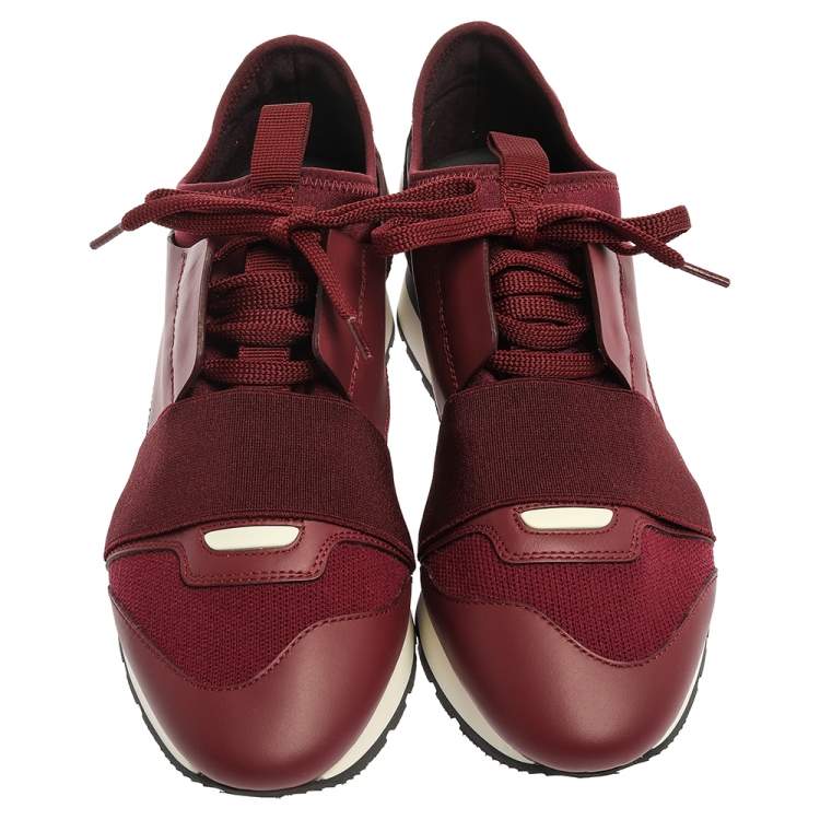 Pre Owned Balenciaga Burgundy Leather And Mesh Race Runners Sneakers Size 37