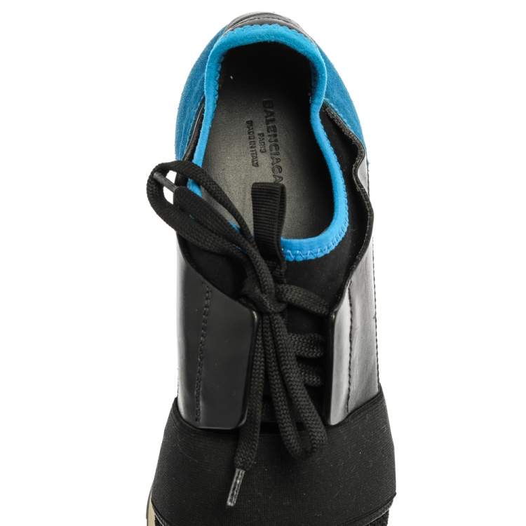 Pre Owned Balenciaga Black/Blue Suede Leather And Mesh Race Runner Low Top Sneakers Size 39
