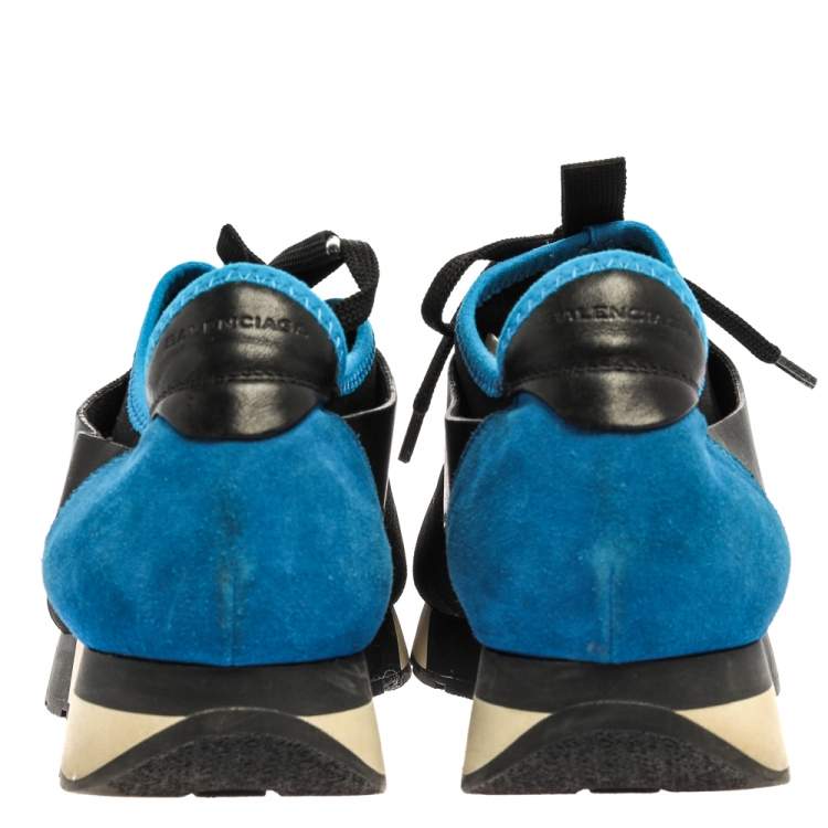 Pre Owned Balenciaga Black/Blue Suede Leather And Mesh Race Runner Low Top Sneakers Size 39