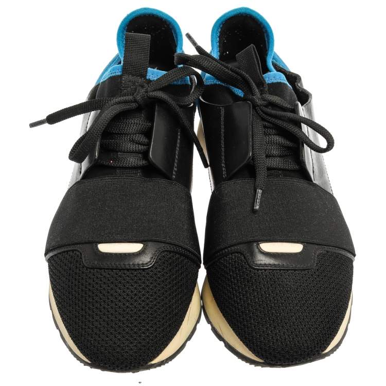 Pre Owned Balenciaga Black/Blue Suede Leather And Mesh Race Runner Low Top Sneakers Size 39