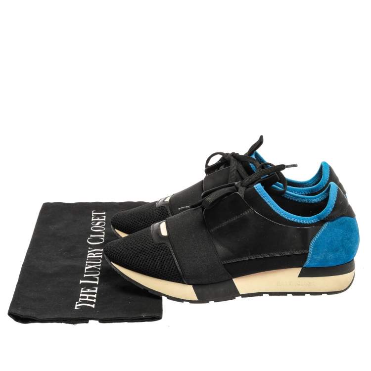 Pre Owned Balenciaga Black/Blue Suede Leather And Mesh Race Runner Low Top Sneakers Size 39