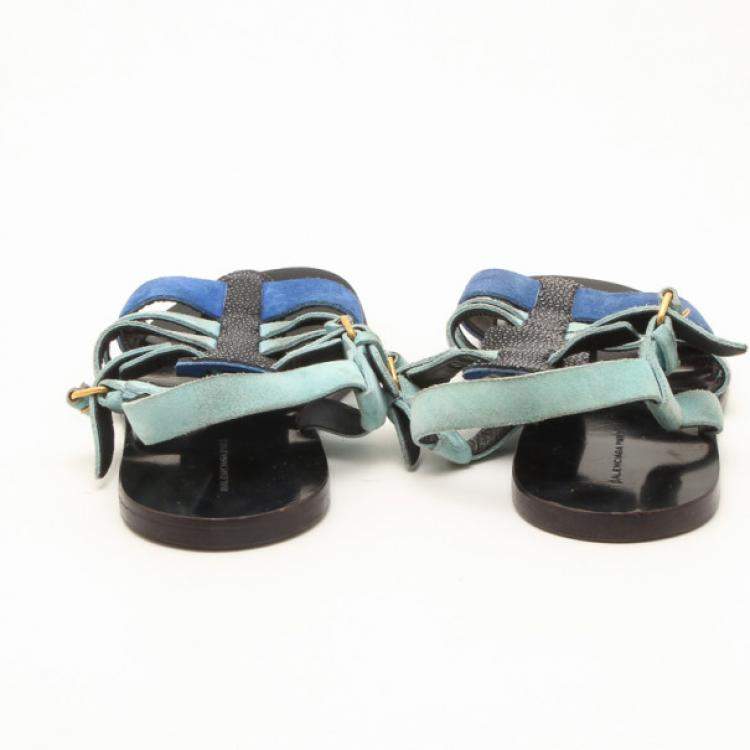 Pre Owned Balenciaga Light Blue Suede and Stingray Sandals Size 37.5