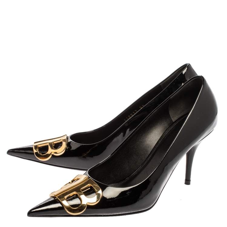 Pre Owned Balenciaga Black Patent Leather BB Knife Pumps Size 39