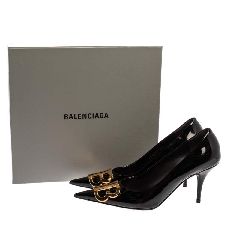 Pre Owned Balenciaga Black Patent Leather BB Knife Pumps Size 39