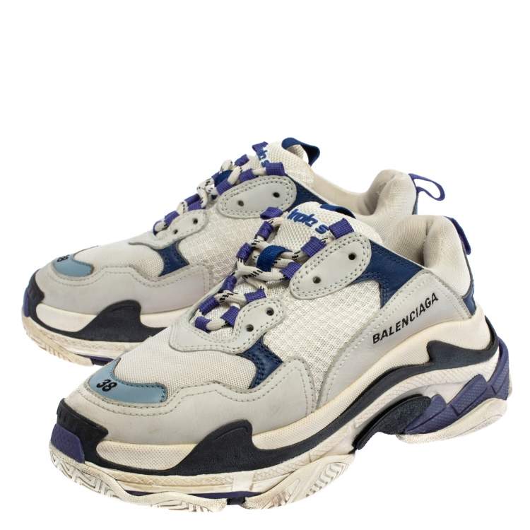Pre Owned Balenciaga White/Blue Leather And Mesh Triple S Low Top Sneakers Size 38