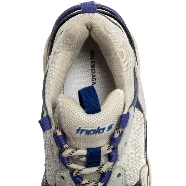 Pre Owned Balenciaga White/Blue Leather And Mesh Triple S Low Top Sneakers Size 38