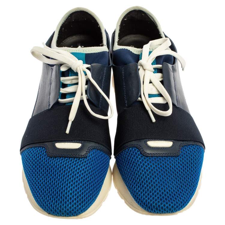 Pre Owned Balenciaga Blue Suede Leather And Mesh Race Runner Low Top Sneakers Size 40