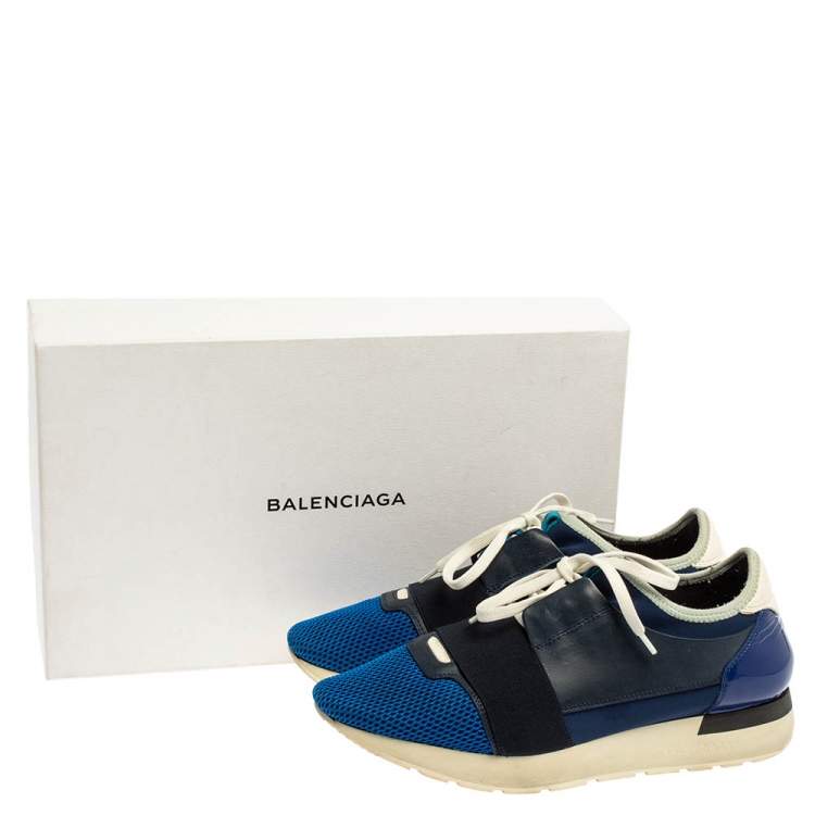 Pre Owned Balenciaga Blue Suede Leather And Mesh Race Runner Low Top Sneakers Size 40
