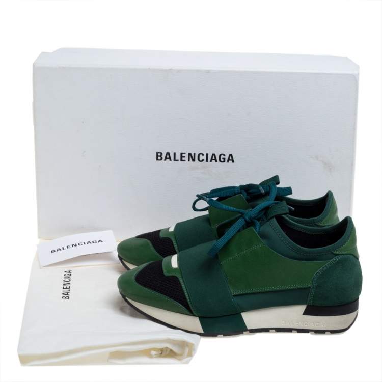 Pre Owned Balenciaga Green/Black Mesh And Suede Leather Race Runner Low Top Sneakers Size 36