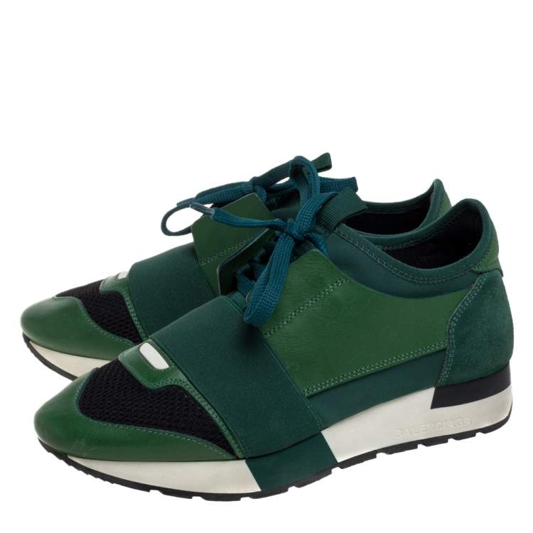 Pre Owned Balenciaga Green/Black Mesh And Suede Leather Race Runner Low Top Sneakers Size 36