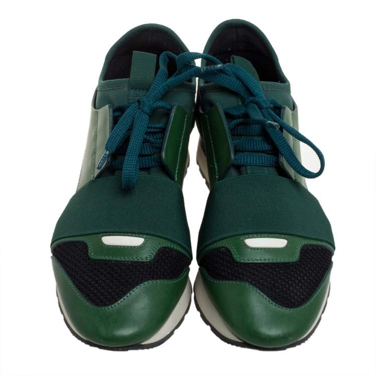 Pre Owned Balenciaga Green/Black Mesh And Suede Leather Race Runner Low Top Sneakers Size 36