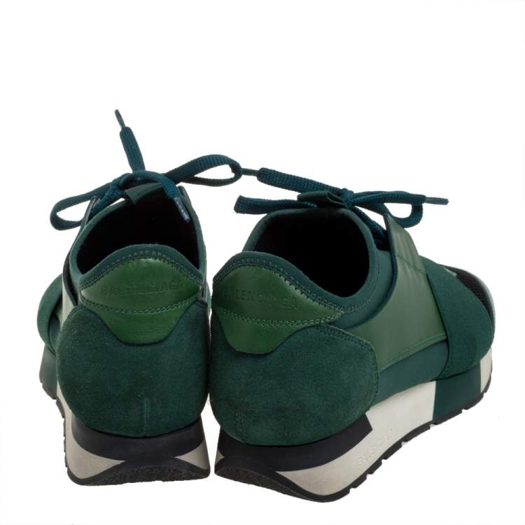 Pre Owned Balenciaga Green/Black Mesh And Suede Leather Race Runner Low Top Sneakers Size 36