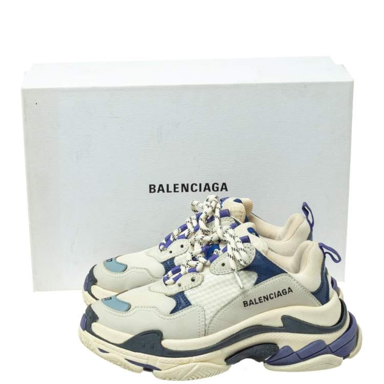 Pre Owned Balenciaga White/Blue Mesh And Leather Triple S Low Top Sneakers Size 37