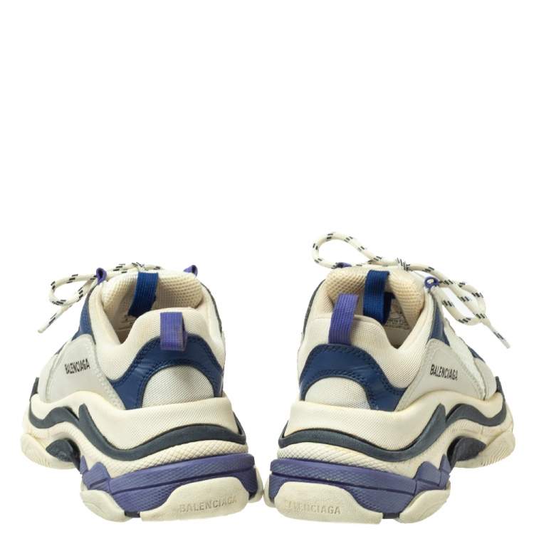 Pre Owned Balenciaga White/Blue Mesh And Leather Triple S Low Top Sneakers Size 37