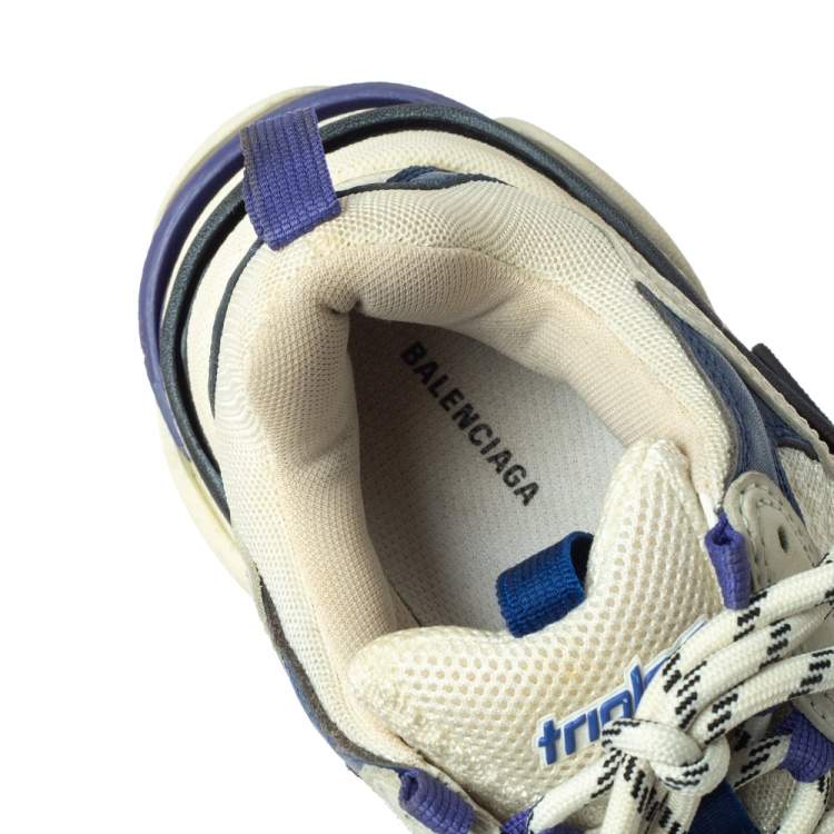Pre Owned Balenciaga White/Blue Mesh And Leather Triple S Low Top Sneakers Size 37