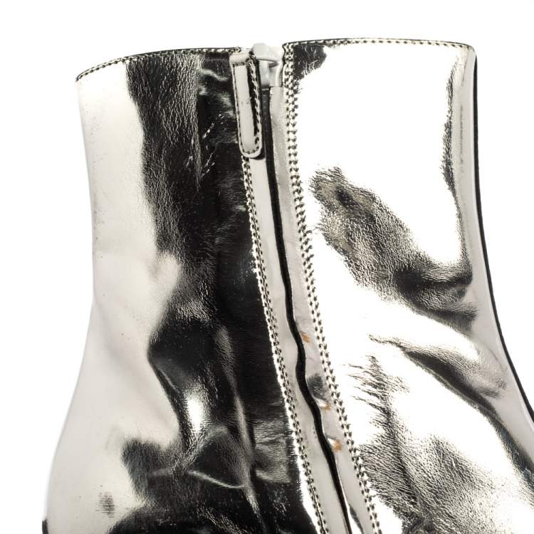Pre Owned Balenciaga Metallic Silver Patent Leather Ankle Boots Size 37