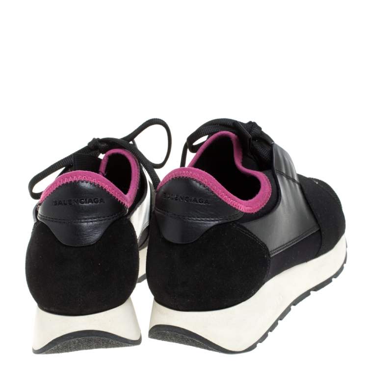 Pre Owned Balenciaga Black/Pink Mesh/Suede and Leather Race Runners Low Top Sneakers Size 36