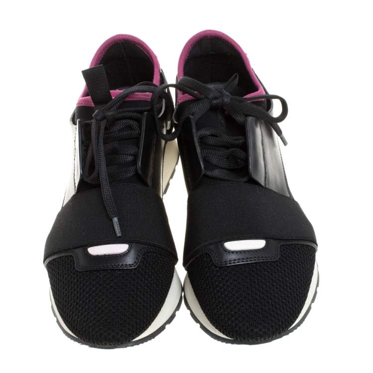 Pre Owned Balenciaga Black/Pink Mesh/Suede and Leather Race Runners Low Top Sneakers Size 36