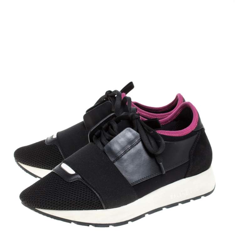 Pre Owned Balenciaga Black/Pink Mesh/Suede and Leather Race Runners Low Top Sneakers Size 36