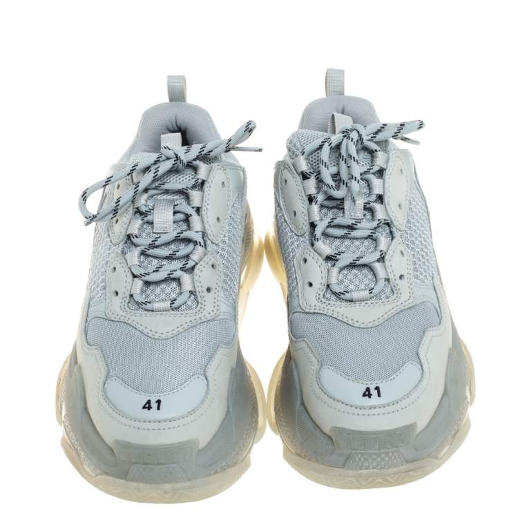 Pre Owned Balenciaga Pearl Grey Mesh And Leather Triple S Low Top Sneakers Size 41