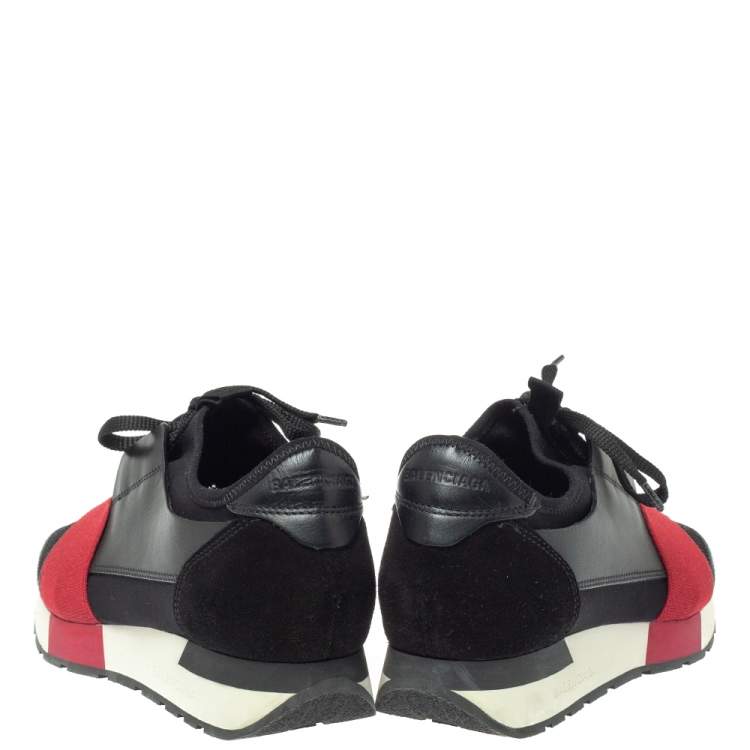 Pre Owned Balenciaga Black/Red Mesh And Leather Race Runner Low Top Sneakers Size 37