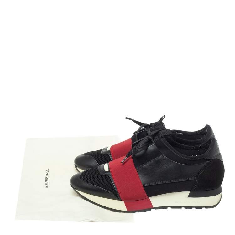 Pre Owned Balenciaga Black/Red Mesh And Leather Race Runner Low Top Sneakers Size 37