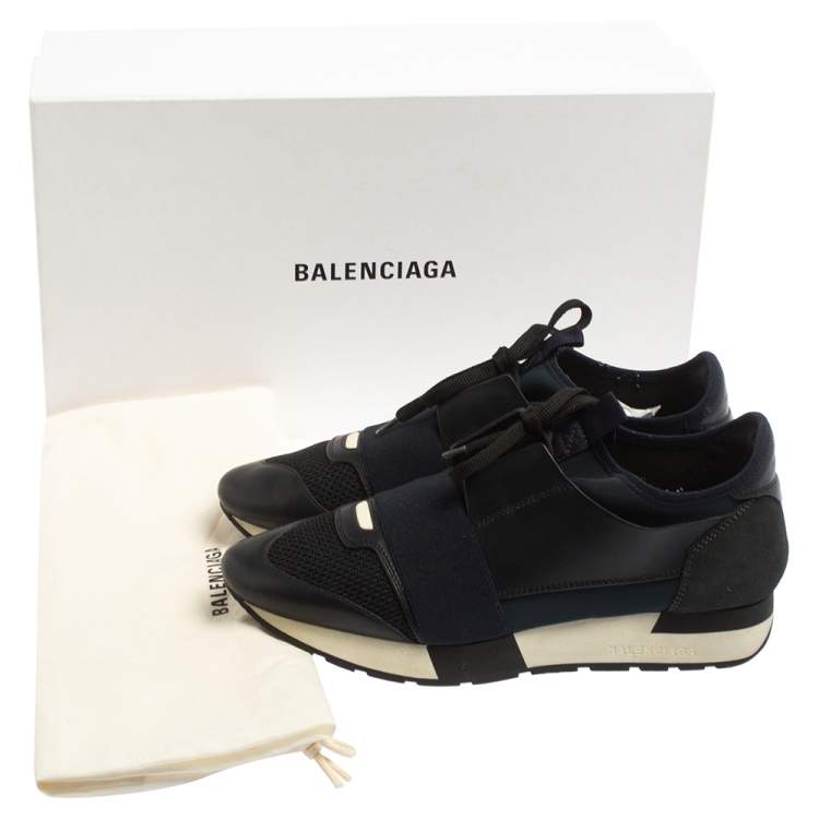 Pre Owned Balenciaga Blue Leather And Mesh Race Runner Sneakers Size 39