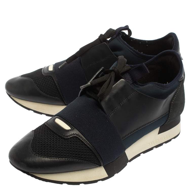 Pre Owned Balenciaga Blue Leather And Mesh Race Runner Sneakers Size 39