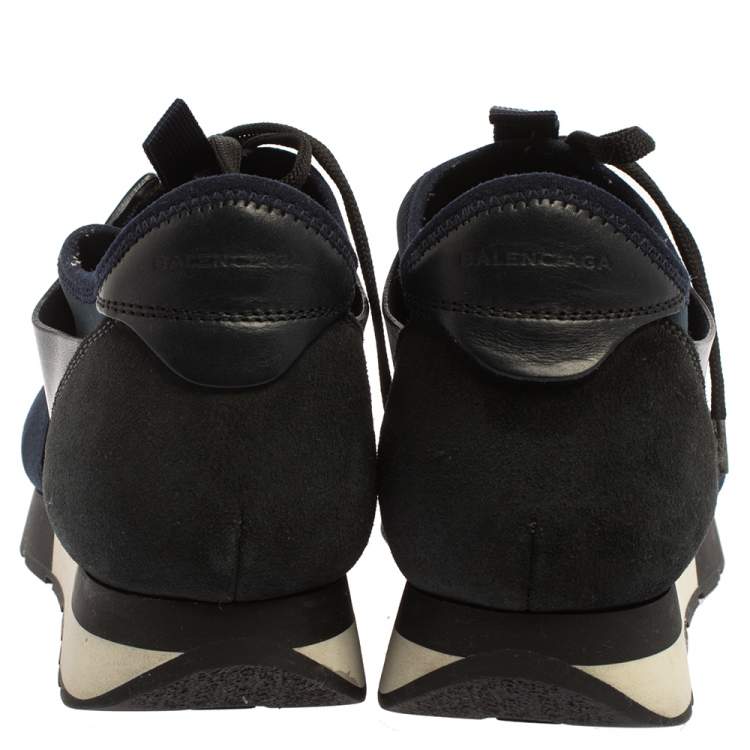 Pre Owned Balenciaga Blue Leather And Mesh Race Runner Sneakers Size 39