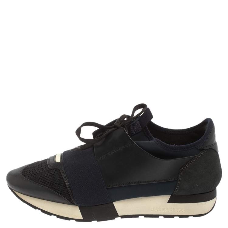 Pre Owned Balenciaga Blue Leather And Mesh Race Runner Sneakers Size 39
