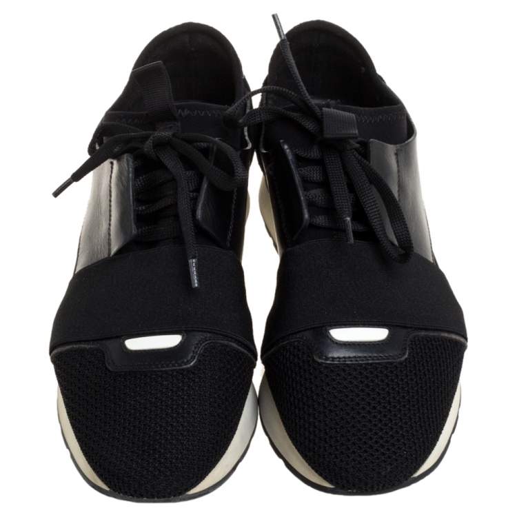 Pre Owned Balenciaga Black Mesh And Leather Race Runner Low Top Sneakers Size 38