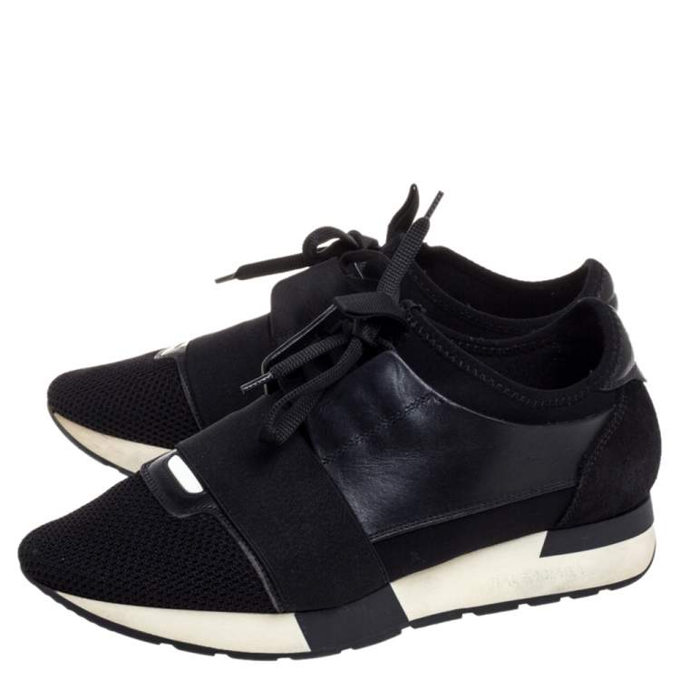 Pre Owned Balenciaga Black Mesh And Leather Race Runner Low Top Sneakers Size 38