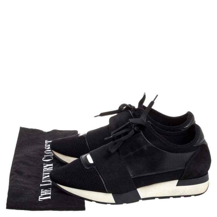 Pre Owned Balenciaga Black Mesh And Leather Race Runner Low Top Sneakers Size 38