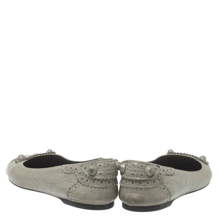 Pre Owned  Balenciaga Grey Brogue Leather Arena Studded Ballet Flats Size 38.5