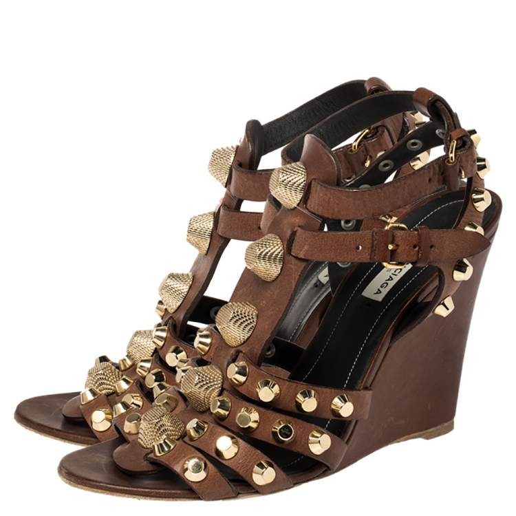 Brown Leather Cage Wedge Sandals Size Balenciaga | TLC