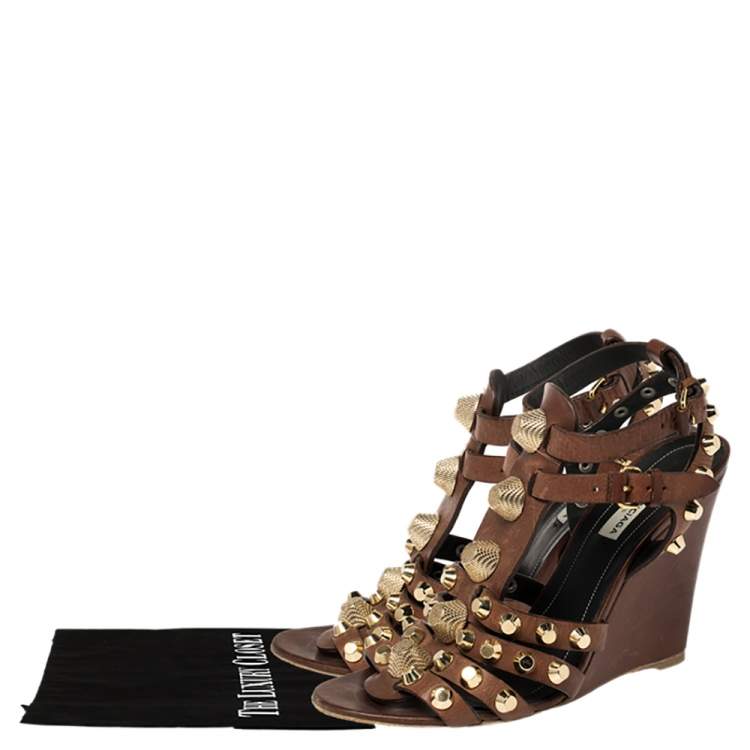 Pre Owned Balenciaga Brown Leather Arena Cage Wedge Sandals Size 39