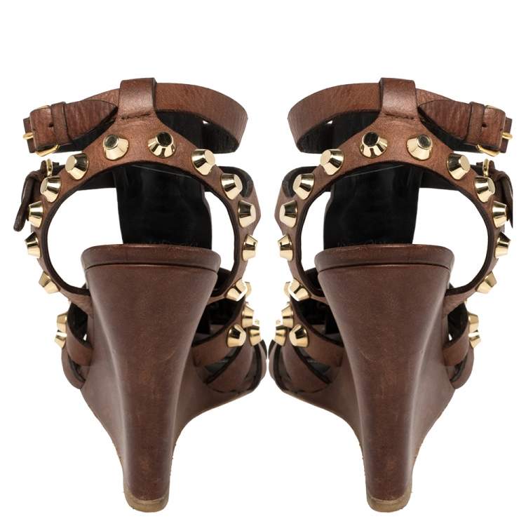 Pre Owned Balenciaga Brown Leather Arena Cage Wedge Sandals Size 39