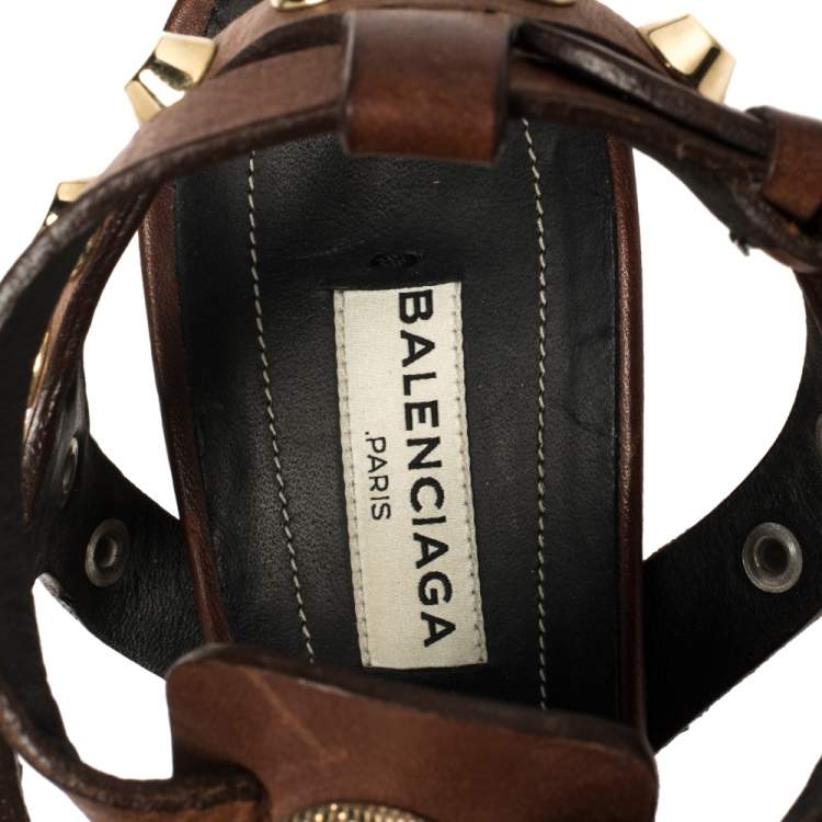 Pre Owned Balenciaga Brown Leather Arena Cage Wedge Sandals Size 39
