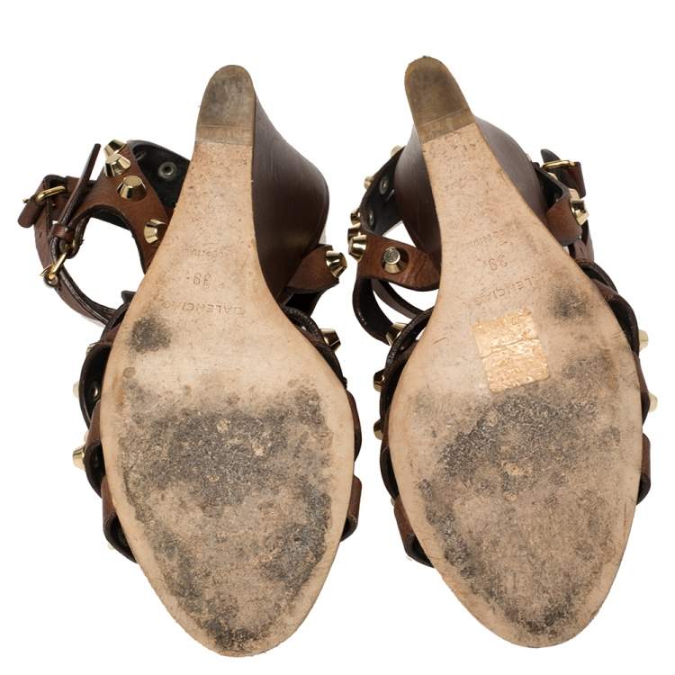 Pre Owned Balenciaga Brown Leather Arena Cage Wedge Sandals Size 39