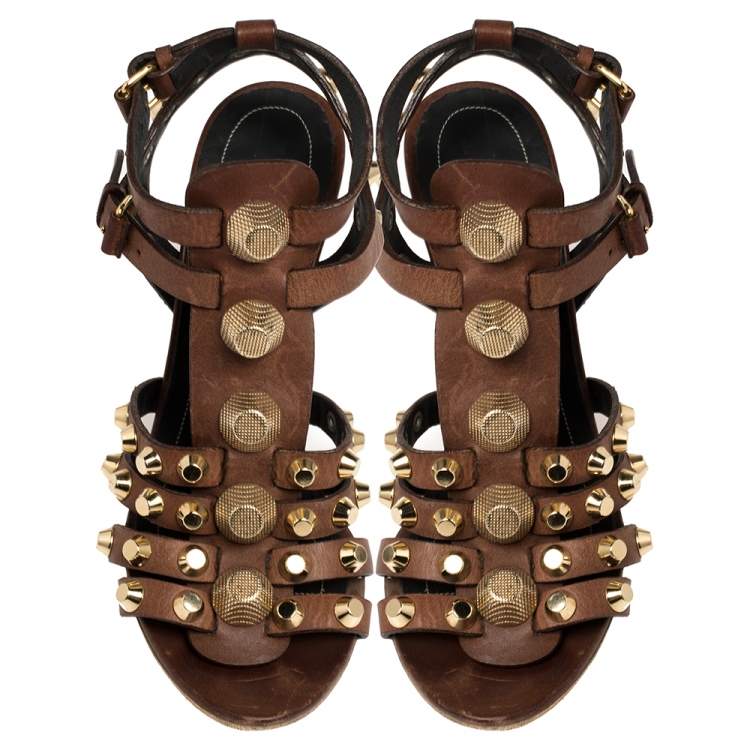 Pre Owned Balenciaga Brown Leather Arena Cage Wedge Sandals Size 39