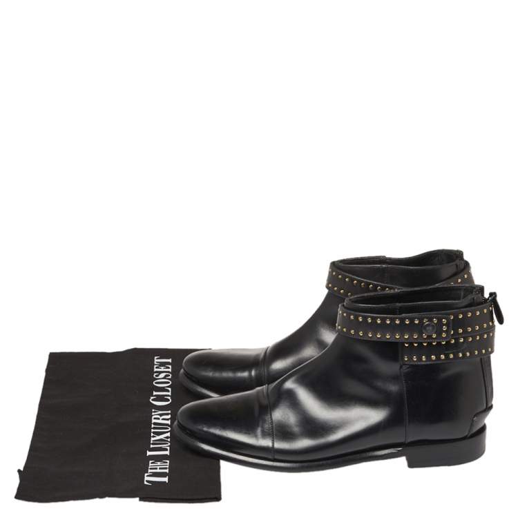 Pre Owned Balenciaga Black Leather Studded Ankle Strap Boots Size 39