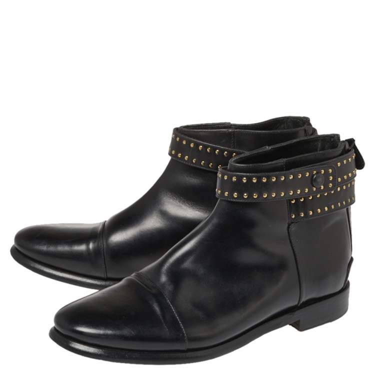 Pre Owned Balenciaga Black Leather Studded Ankle Strap Boots Size 39