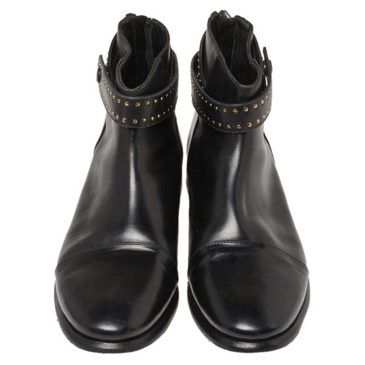 Pre Owned Balenciaga Black Leather Studded Ankle Strap Boots Size 39