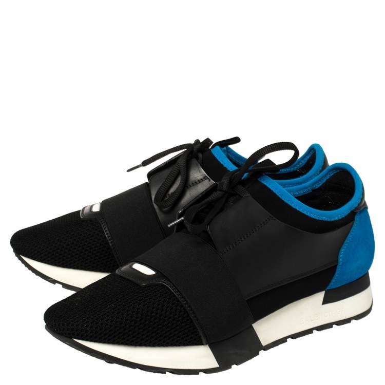 Pre Owned Balenciaga Black/Blue Suede Leather And Mesh Race Runner Low Top Sneakers Size 40